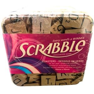 New Scrabble Game Coaster Set 54 Metal Box Hasbro DIY Game Night Room Craft Bar